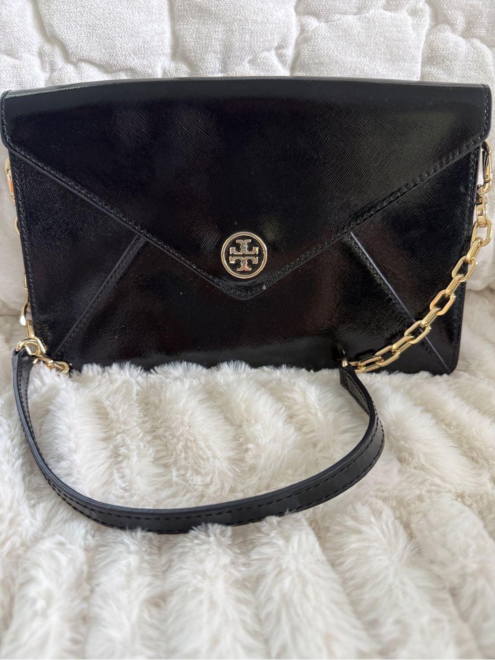 Tory Burch Black Patent Leather Envelope Wristlet with Gold Chain